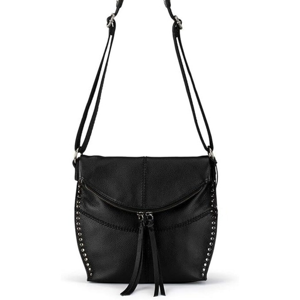 The Sak Silverlake Crossbody Purse / Black Studded Leather Moto Bag w Fringe Zip